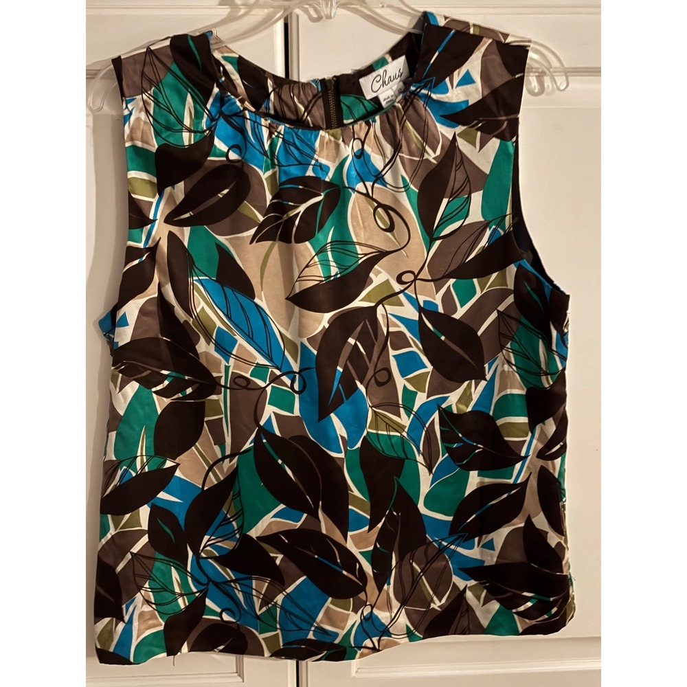 Chaus Women 12 Silk‎ Blouse Sleeveless Abstract Leaf Print Blue Brown Full Zip